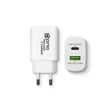 Prio PWC-1204 Snelle Muurlader - 25W PD USB-C, 18W QC3.0 USB-A - Wit