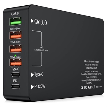 6-poorts snellader met USB-C PD & QC3.0 65W zwart
