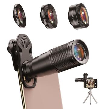 APEXEL Telefoon Camera Lens Kit, 22X Telelens + 120° Groothoeklens + 25X Macro Lens + 205° Fish Eye 