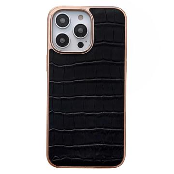 rocodile Series iPhone 14 Pro Max Leren Gecoate Case Zwart