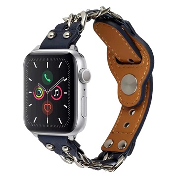 Apple Watch Series 7-SE-6-5-4-3-2-1 Leren band met ketting 45mm-44mm-42mm Blauw