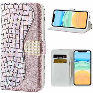 Croco Bling iPhone 12-12 Pro Wallet Case Rose Gold