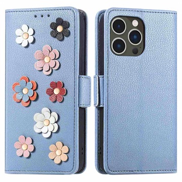 Flower Decor Series iPhone 14 Pro Portemonnee Hoesje Blauw