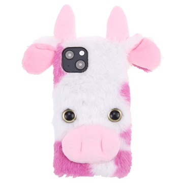 Fluffy Plush iPhone 13 Mini Hybrid Case Roze Koe