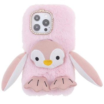 Fluffy Plush iPhone 13 Pro Hybrid Case Pink Penguin