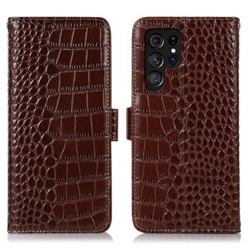 Crocodile Series Samsung Galaxy S23 Ultra 5G Wallet Leren Hoesje met RFID Bruin