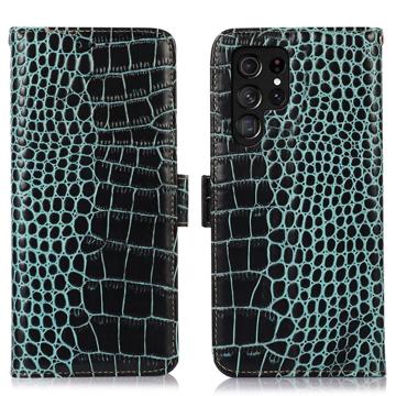 Crocodile Series Samsung Galaxy S23 Ultra 5G Wallet Leren Hoesje met RFID Groen