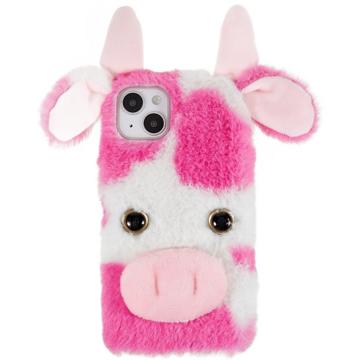 Fluffy Plush iPhone 14 Plus Hybrid Case Roze Koe