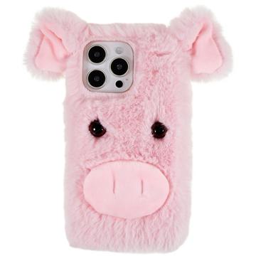 Fluffy Plush iPhone 14 Pro Hybrid Case Roze Varken