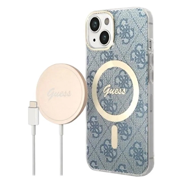 Guess 4G Edition Bundle Pack iPhone 14 Hoesje & Draadloze Oplader Blauw