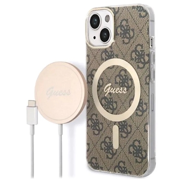 Guess 4G Edition Bundle Pack iPhone 14 Plus Hoesje & Draadloze Oplader Bruin