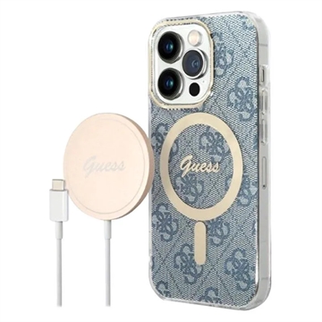 Guess 4G Edition Bundle Pack iPhone 14 Pro Hoesje & Draadloze Oplader Blauw