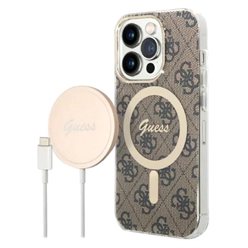 Guess 4G Edition Bundle Pack iPhone 14 Pro Hoesje & Draadloze Oplader Bruin