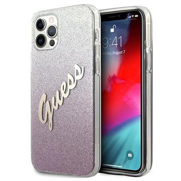Guess Glitter Gradient Script iPhone 12-12 Pro Hoesje Roze
