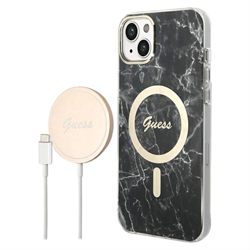 Guess Marble Edition Bundle Pack iPhone 14 Hoesje & Draadloze Oplader Zwart