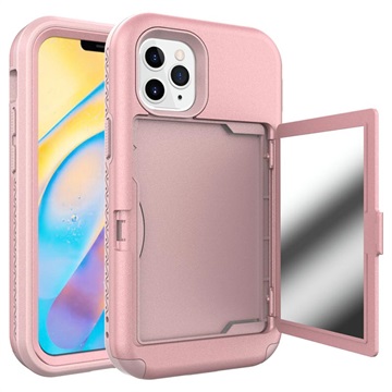 Hybride iPhone 12-12 Pro-hoesje met verborgen spiegel en kaartsleuf roze