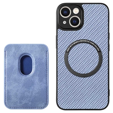 iPhone 15 Plus Magnetic Case with Card Holder Carbon Fiber Blue