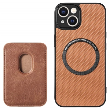 iPhone 15 Plus Magnetic Case with Card Holder Carbon Fiber Brown
