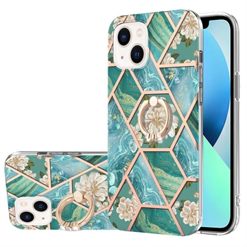 iPhone 15 Plus Marble Pattern IMD TPU Case met Ring Houder Groen