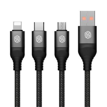 NILLKIN Swift Pro 3-in-1 Kabel Nylon Gevlochten USB naar Type-C-iP-Micro Oplaadsnoer Zwart