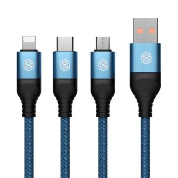 NILLKIN Swift Pro 3-in-1 Kabel Nylon Gevlochten USB naar Type-C-iP-Micro Oplaadsnoer Blauw