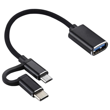 Nylon Gevlochten USB 3.0 naar USB-C-MicroUSB OTG Kabel Adapter Zwart