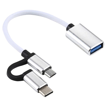 Nylon Gevlochten USB 3.0 naar USB-C-MicroUSB OTG Kabel Adapter Wit