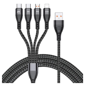 Nylon Gevlochten Universele 4-in-1 USB Kabel 66W, 2m Zwart
