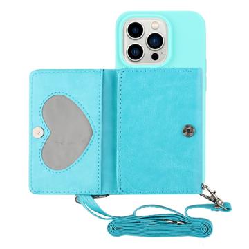 Heart-Serie iPhone 14 Pro Hoesje met Portemonnee en Riem Babyblauw