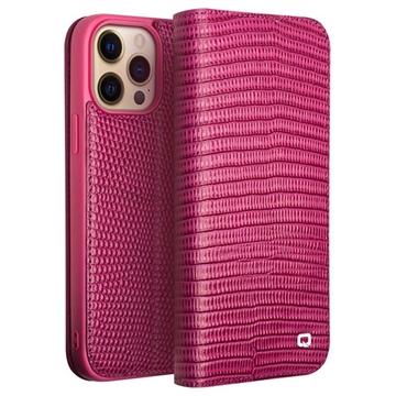 Qialino iPhone 14 Pro Max Wallet Leren Hoesje Krokodil Hot Pink