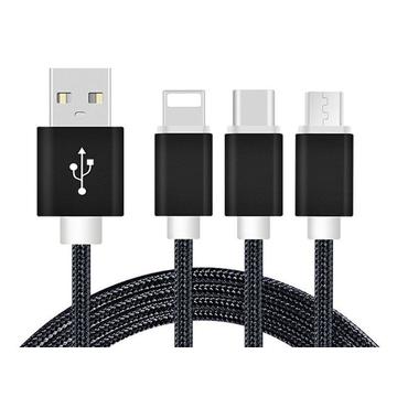 3 in 1 oplaad kabel (USB Micro, USB Type-C & Lightning) - 1,2 Meter (Black-Nylon)