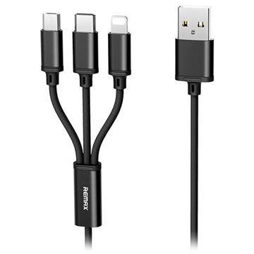 Remax Gition 3-in-1 USB Kabel Lightning, Type-C, MicroUSB Zwart