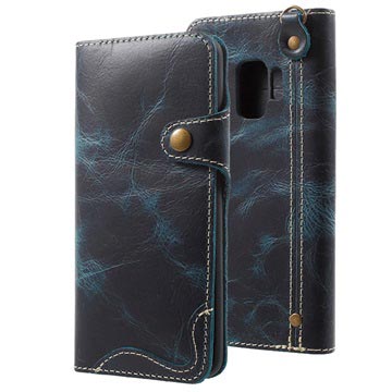 Samsung Galaxy S9 Retro Wallet Leren Hoesje Blauw