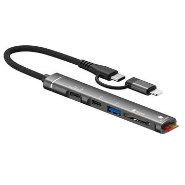 SVT02 Voor iPhone+Type-C Hub Adapter tot 2 Type-C Poorten+USB+2 Kaartlezer Sleuven Grijs
