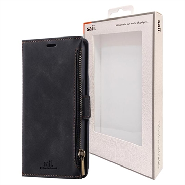 Saii Zipper iPhone 13 Pro Max Wallet Case met Riem Zwart
