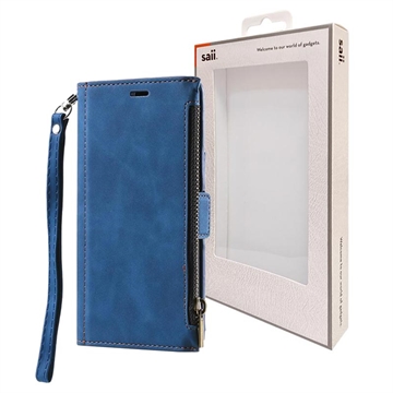 iPhone 14 Pro Max Saii Zipper Wallet Case met Band Blauw