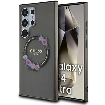 Samsung Galaxy S24 Ultra Guess IML Flowers Wreath Hoesje MagSafe Compatibel Zwart