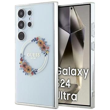 Samsung Galaxy S24 Ultra Guess IML Flowers Wreath Hoesje MagSafe Compatibel Transparant
