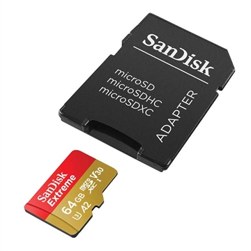 SanDisk MicroSDXC Extreme 64GB 170mb-60mb,U3,V30,A2 AC incl RP DL 1Y Micro SD-kaart Goud