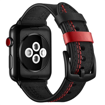 Apple Watch Series Ultra 2/Ultra/9/8/SE (2022)/7/SE/6/5/4/3/2/1 Gestikte Leren Band - 49mm/45mm/44mm/42mm - Zwart