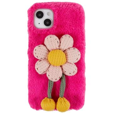 3D Plush Harige Winter iPhone 14 Plus TPU Hoesje Fel Roze Bloemen