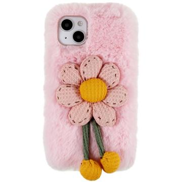 3D Plush Harige Winter iPhone 14 Plus TPU Hoesje Roze Bloem
