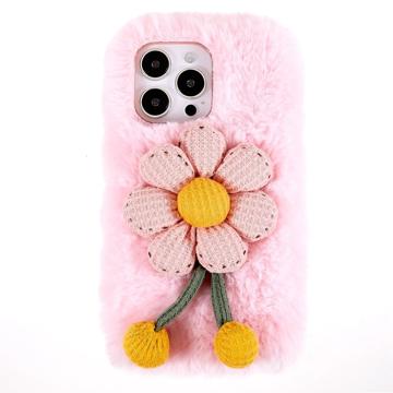 3D Plush Harige winter iPhone 14 Pro Max TPU Hoesje Roze Bloem