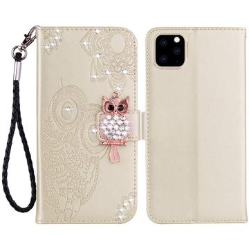iPhone 14 Pro Max Uil Strass Portemonnee Hoesje Goud