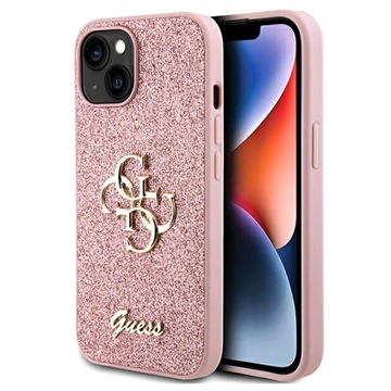 iPhone 15 Guess Fixed Glitter 4G Metal Logo Cover Roze