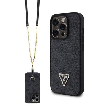 iPhone 15 Pro Guess 4G Strass Triangle Metal Logo Case with Crossbody Strap Black