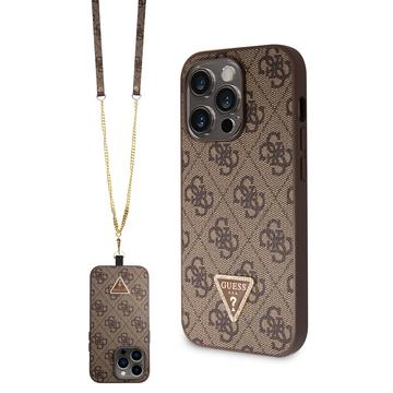 iPhone 15 Pro Guess 4G Strass Triangle Metal Logo Case with Crossbody Strap Brown