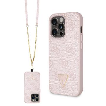 iPhone 15 Pro Guess 4G Strass Triangle Metal Logo Case with Crossbody Strap Roze