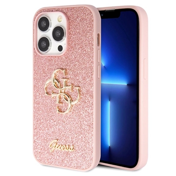 iPhone 15 Pro Guess Fixed Glitter 4G Metal Logo Cover Roze