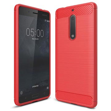 Nokia 5 Brushed Tpu Case Carbon Fiber Rood huismerk kopen in de aanbieding